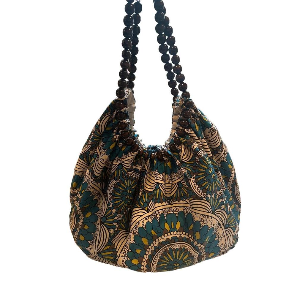 AMICI Bag Womens Large Cloth Patterned Hobo Wooden Bead Straps Beach Vacation